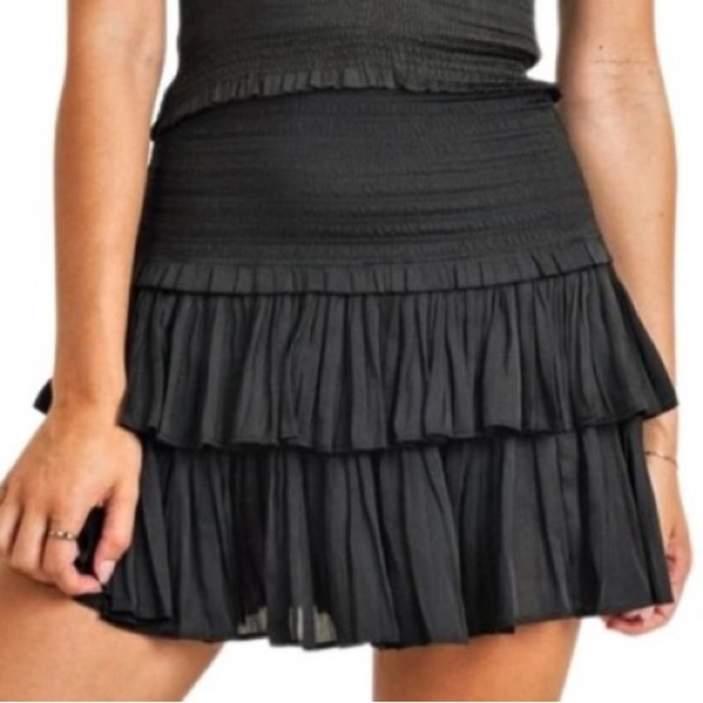 Reset Black Satin Smocked Ruffle Pleated Tiered Mini Skirt Size Small